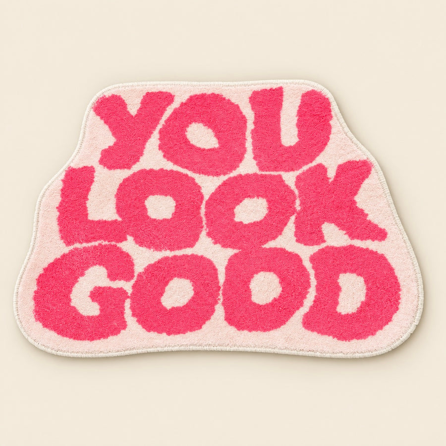 Pink You Look Good plush bath mat, full front view